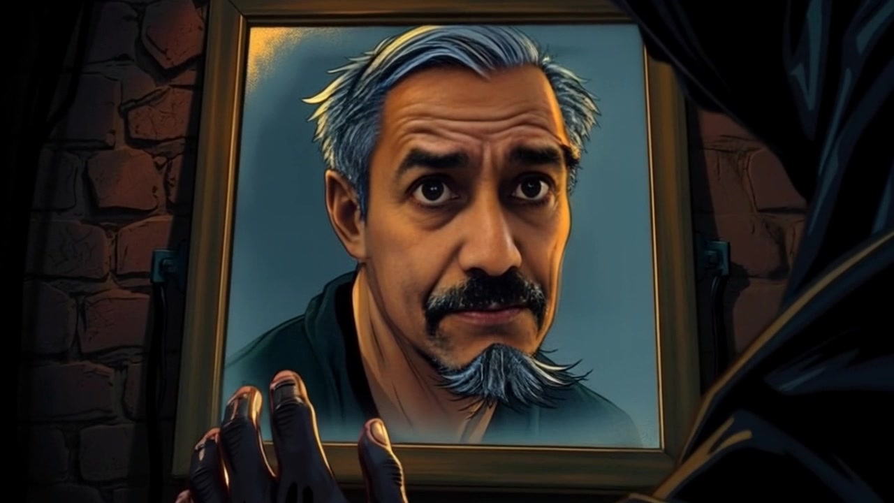 Scene: A dimly lit bathroom with a large mirror reflecting a face, while a faint, ominous shadow begins to materialize behind the figure. Style: Low-key lighting creates a suspenseful atmosphere with deep shadows and soft highlights on the face. Motion: The camera slowly pushes in towards the mirror, focusing on the face, as the shadow in the background gradually grows more defined, enhancing the tension of the scene.