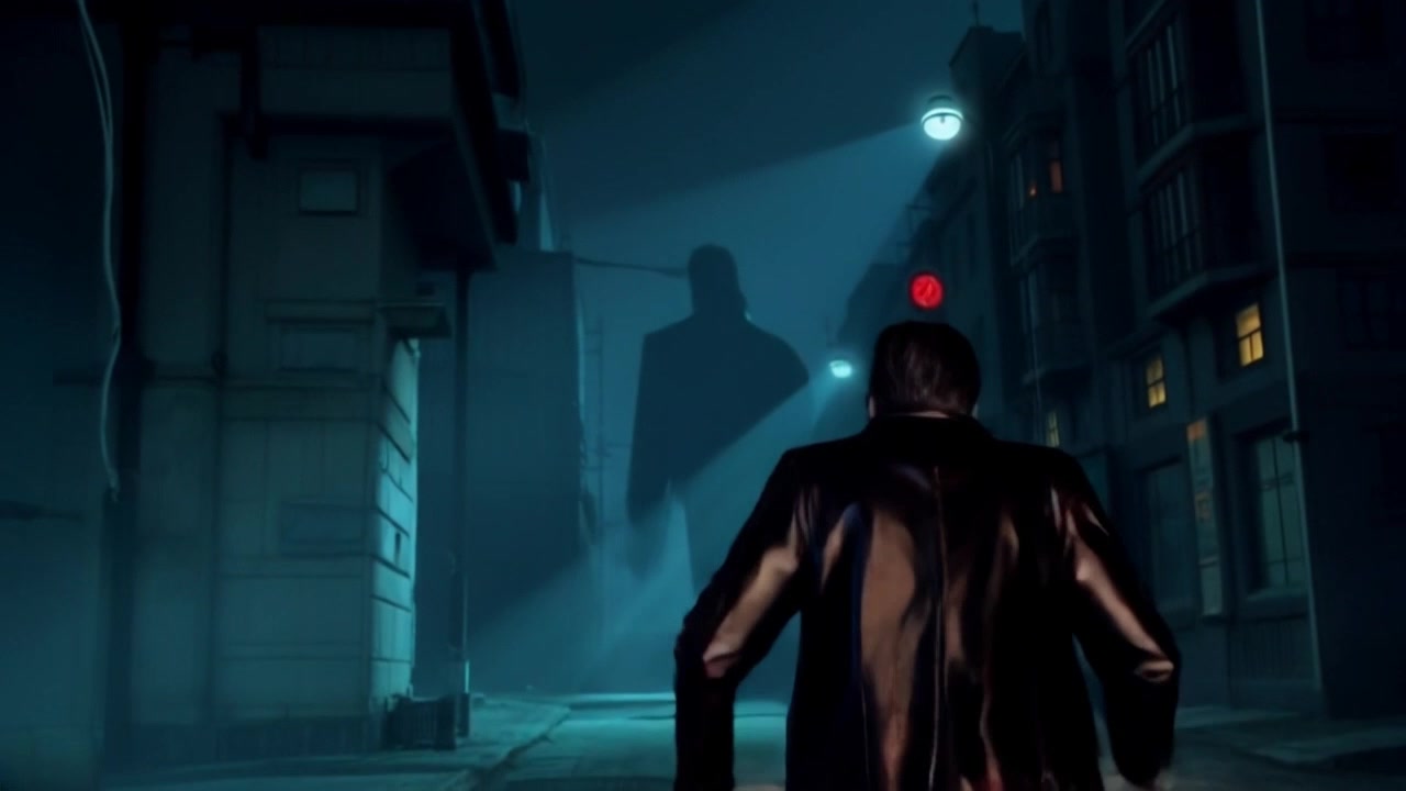 Subject: A man with wide-open eyes, showing fear while confronting a shadow in the night. Subject movement: The man takes a cautious step back as the shadow looms ominously. Scene: A dark and eerie alley illuminated by a single flickering streetlight, with looming shadows and deep contrasts. Style: Moody lighting creates a tense atmosphere, heightening the sense of dread. Motion: The camera performs a dramatic panning shot, slowly revealing the shadow's form behind the man, enhancing the feeling of suspense.
