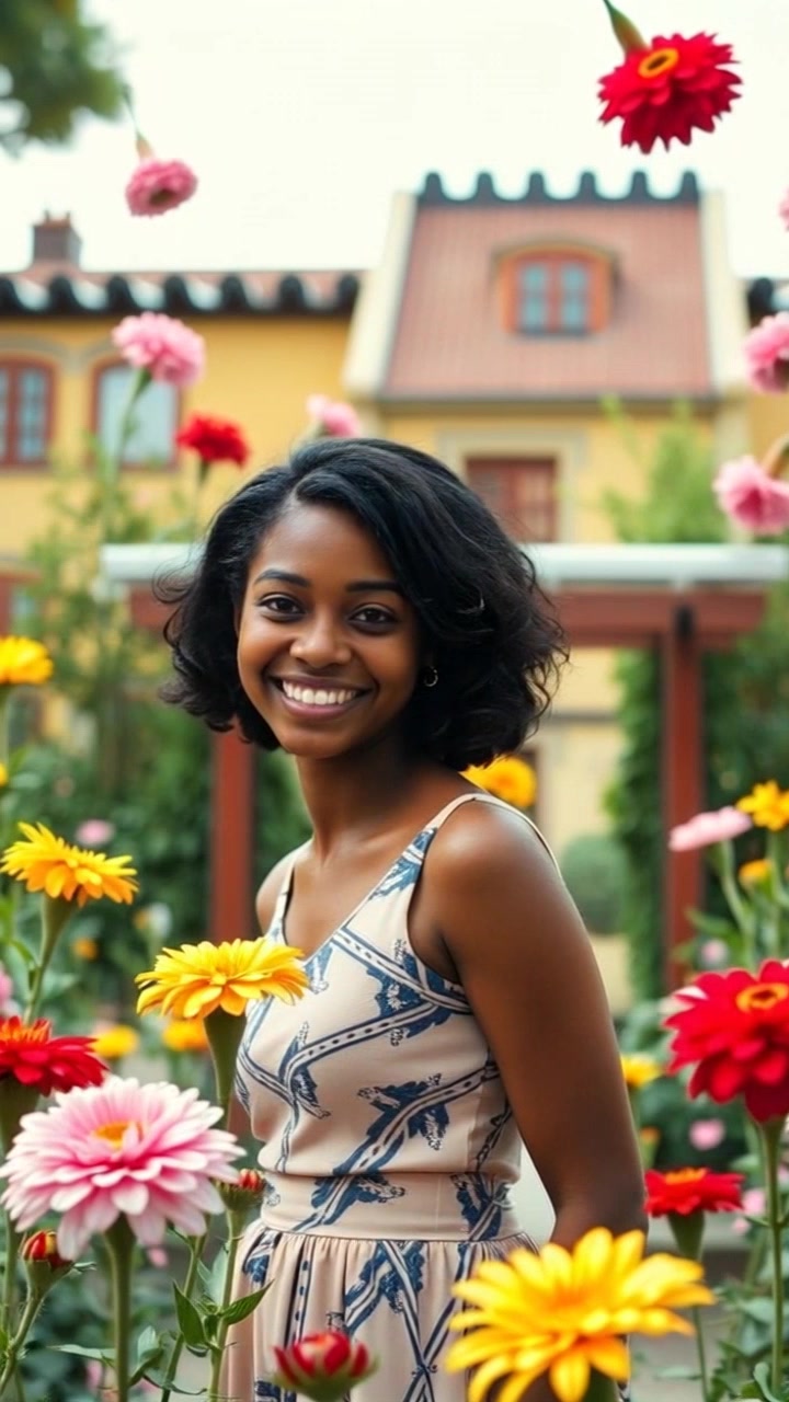 Subject: A woman in a vibrant garden full of blooming flowers. Subject movement: She stands still, smiling brightly at the camera. Scene: An enchanting garden brimming with colors, surrounded by an array of flowering plants and greenery. Style: Soft morning light illuminating the scene, casting a warm and inviting glow. Motion: Camera slowly pushes in on the woman, capturing her joyful expression as the flowers sway gently in a light breeze.