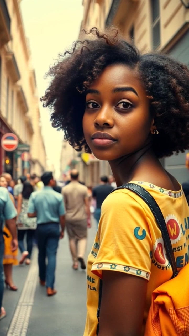 Subject: A person named Nia standing still on a busy city street. Scene: A bustling urban environment filled with diverse people engaging in conversations, with tall buildings and shops in the background. Style: Bright afternoon light casting vibrant shadows across the scene. Motion: The camera performs a slow, dramatic panning shot to capture the lively interactions happening around Nia while maintaining her stationary position.