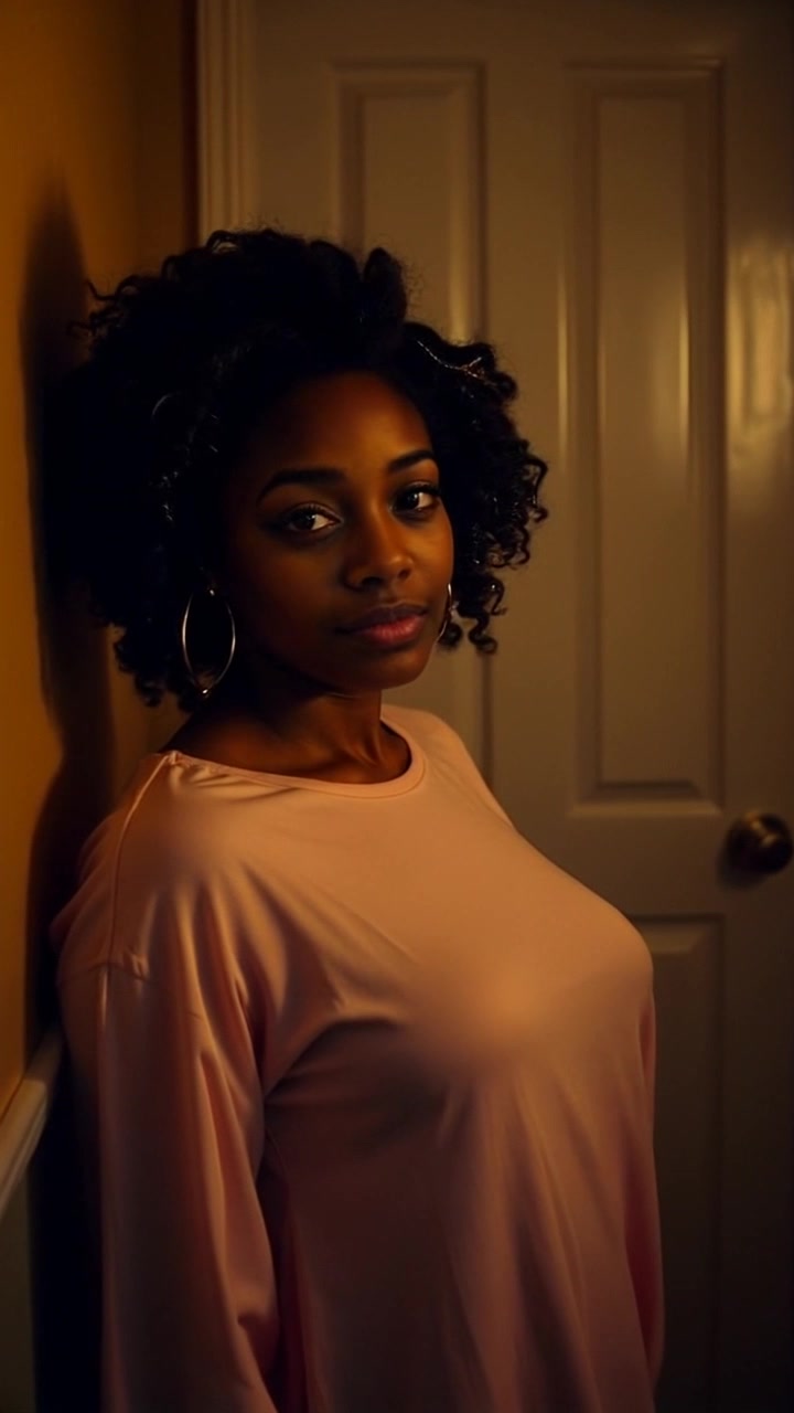 Subject: A young woman standing alone in a dimly lit room, looking upset and distant. Scene: Intimate, softly illuminated space with shadows creeping along the walls, minimalistic furniture creating a sense of isolation. Motion: Camera slowly pushes in on her, capturing the emotional weight in her expression, while flickering shadows dance around her, deepening the mood.