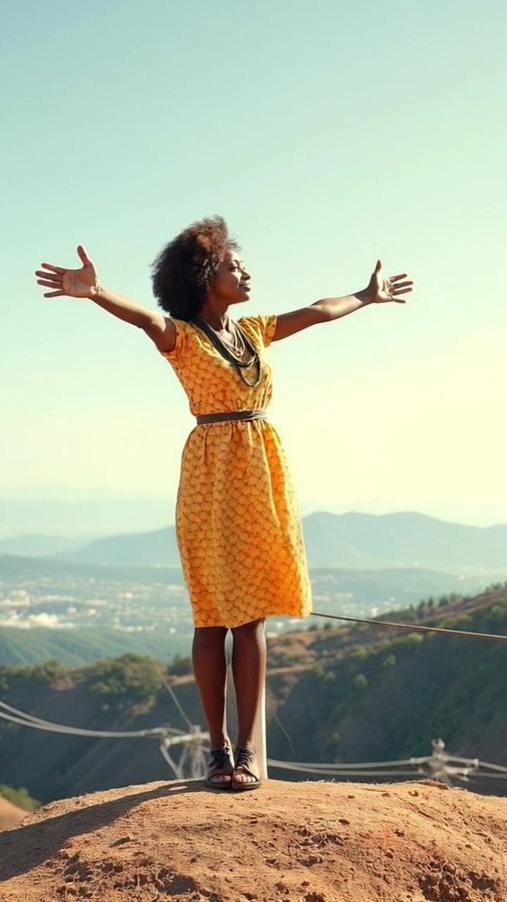 Subject: Nia standing atop a hill, arms spread wide in a moment of triumph. Subject movement: She turns slowly to gaze across the vast horizon, embodying a sense of freedom and possibility. Scene: A sweeping hilltop landscape under a vibrant sunset sky, with gentle rolling hills in the background. Style: Warm, golden-hour lighting enhances the serene atmosphere, casting soft shadows and rich colors. Motion: The camera performs a slow, dramatic zoom out to reveal Nia's silhouette against the expansive horizon, capturing her connection to the natural beauty around her.