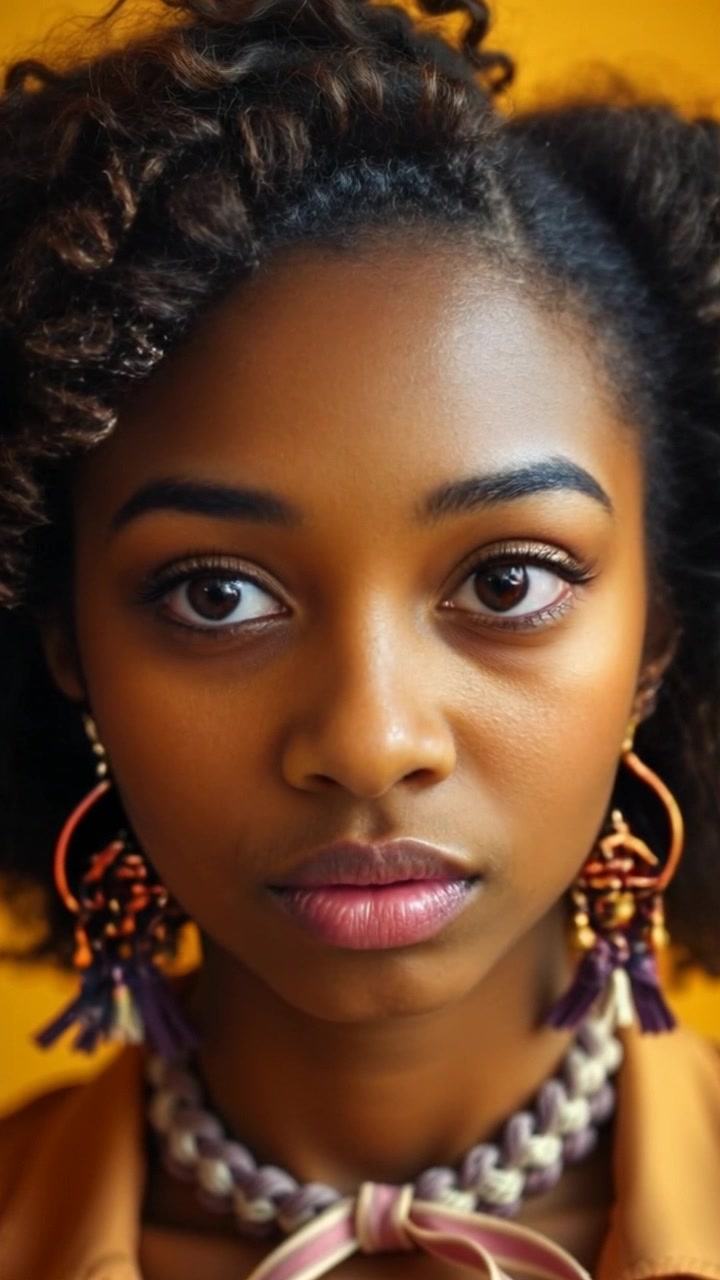 Subject: A young woman with a calm face, though her eyes reveal inner turmoil. Scene: A quiet room with soft, muted colors, decorated with a few personal items that hint at her personality. Style: Ambient lighting that creates a reflective atmosphere. Motion: The camera slowly pushes in to focus on her face, capturing the contrast between her serene expression and the depth of her emotions.