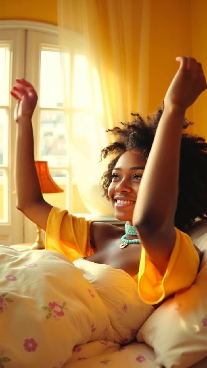 Subject: A young woman waking up in her cozy bedroom. Subject movement: She stretches her arms above her head and smiles as soft sunlight filters in. Scene: The bedroom bathed in warm morning light, with gentle shadows cast by the window curtains. Motion: A smooth camera push in from the doorway, capturing the intimate details of the room as it gets closer to her, enhancing the warm and inviting atmosphere.