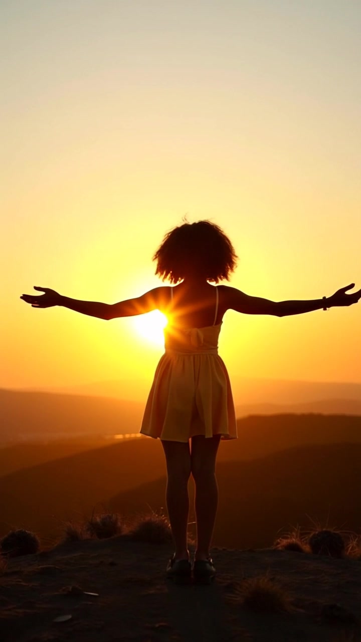 Subject: A silhouette of a girl standing on a hilltop during sunrise, arms outstretched. Subject movement: She begins to turn slowly to face the rising sun, embracing the warmth of the new day. Scene: Hilltop overlooking a vast landscape bathed in the soft hues of dawn. Style: Soft, golden sunrise light illuminating the horizon with a pastel palette. Motion: Steady camera push in, capturing the silhouette against the radiant sky, while gentle breezes create a sense of tranquility.