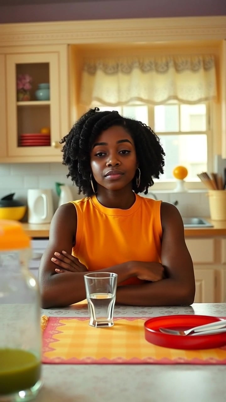 Subject: Nia sitting at the kitchen table, clearly anxious as she prepares to talk to her father. Subject movement: She fidgets with her hands, taking deep breaths in an attempt to calm her nerves. Scene: Intimate kitchen setting, warm wooden accents, sunlight filtering through a window. Style: Soft, natural light creating a warm, inviting atmosphere with gentle shadows. Motion: Start with a close-up on Nia's face, then pull back slowly to reveal the entire kitchen scene, capturing her hesitance.