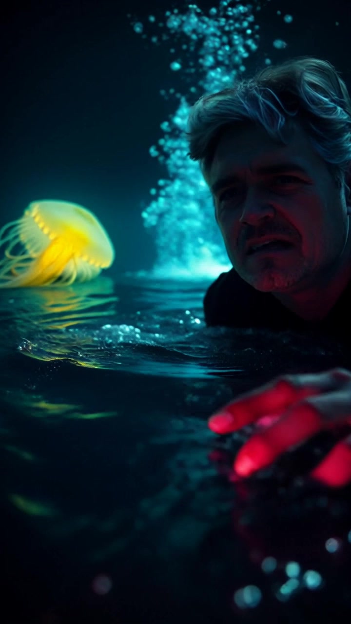 Subject: A person trapped underwater in turbulent waters, struggling for air. Subject movement: The person flails their arms and legs, creating bubbles and ripples around them as they attempt to break through the surface. Scene: Dramatic underwater environment with visibly swirling currents and beams of light piercing through the water. Style: Moody, deep blue lighting with stark contrasts highlighting the sense of panic. Motion: The camera swirls in and around the frantic movements of the person, capturing the chaos of the water while maintaining an immersive perspective.