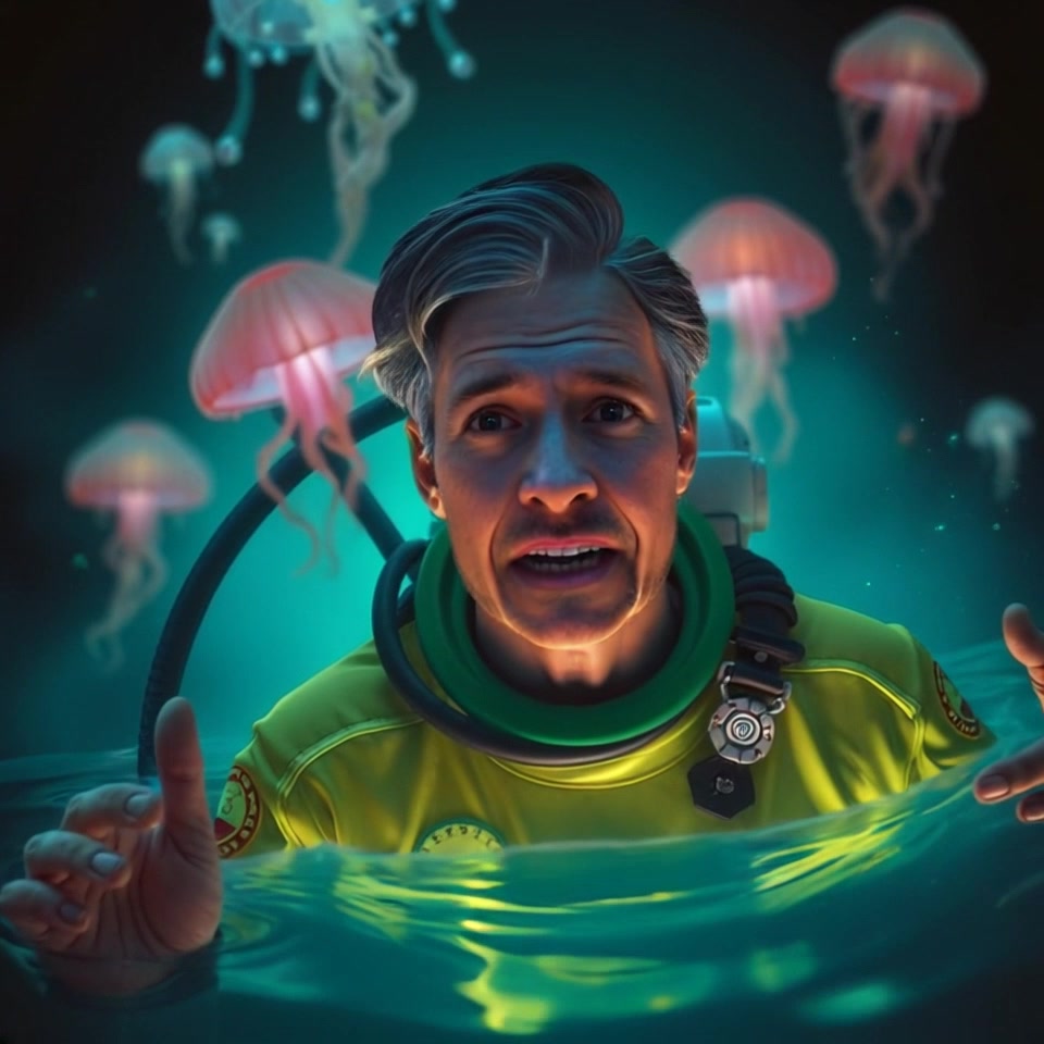 Subject: A diver in a suit, surrounded by dark water, showcasing palpable fear and urgency. Subject movement: The diver is frantically swimming upward, bubbles trailing behind him as he strives to reach the surface. Scene: Deep underwater setting, enveloped in inky darkness with scattered beams of light penetrating the water's surface. Style: Dark, moody lighting casting shadows that amplify the feeling of isolation. Motion: Camera follows closely as the diver ascends, framing his desperate expressions and the swirling water around him in a tight shot.