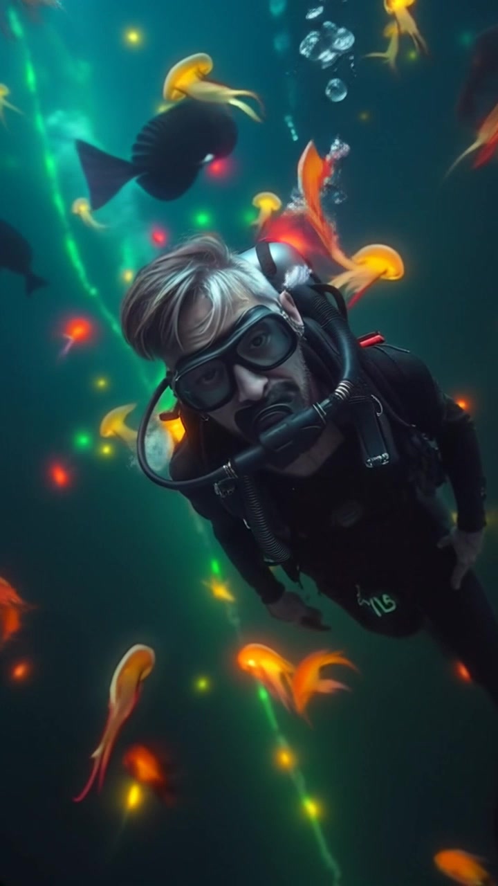 Subject: A diver in scuba gear. Subject movement: The diver swims away from a chaotic underwater scene, kicking steadily as bubbles rise around him. Scene: A vibrant underwater ecosystem filled with colorful coral and schools of fish, juxtaposed against the unfolding chaos of a swirling underwater current. Style: Ambient light filtering through the water, creating a serene yet dynamic atmosphere. Motion: The camera follows the diver from behind, gliding smoothly alongside him, capturing the rich aquatic life and the turbulent backdrop.