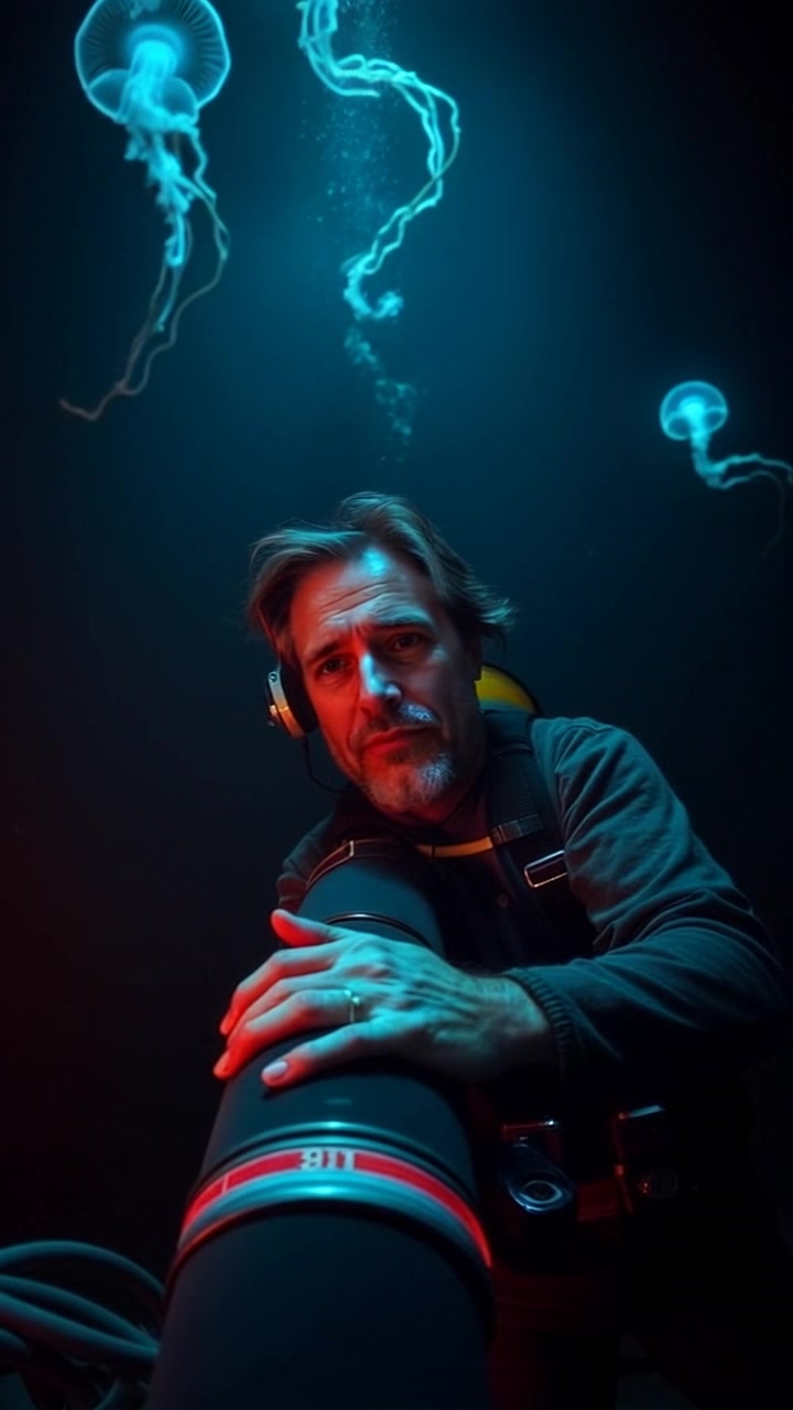Subject: A diver gripping a submerged pipeline in an eerie underwater expanse. Scene: Deep-sea environment enveloped in darkness, with faint shadows of marine life flickering nearby. Style: Dim lighting with illuminated bubbles and reflections, creating a haunting atmosphere. Motion: Camera glides smoothly around the diver and pipeline, capturing the serene yet intimidating essence of the underwater world.
