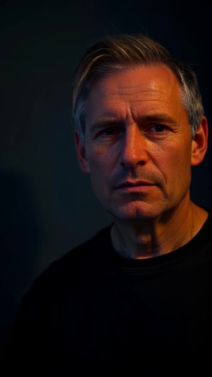 Scene: Mark standing alone in a dimly lit room, his expression serious, with shadows casting dramatic shapes on the wall. Style: Ambient lighting creating a moody and tense atmosphere, with a focus on the interplay of light and shadow. Motion: The camera slowly pushes in on Mark's face, capturing the intensity of his expression, then smoothly pans to the shadows as they shift and dance around the room.