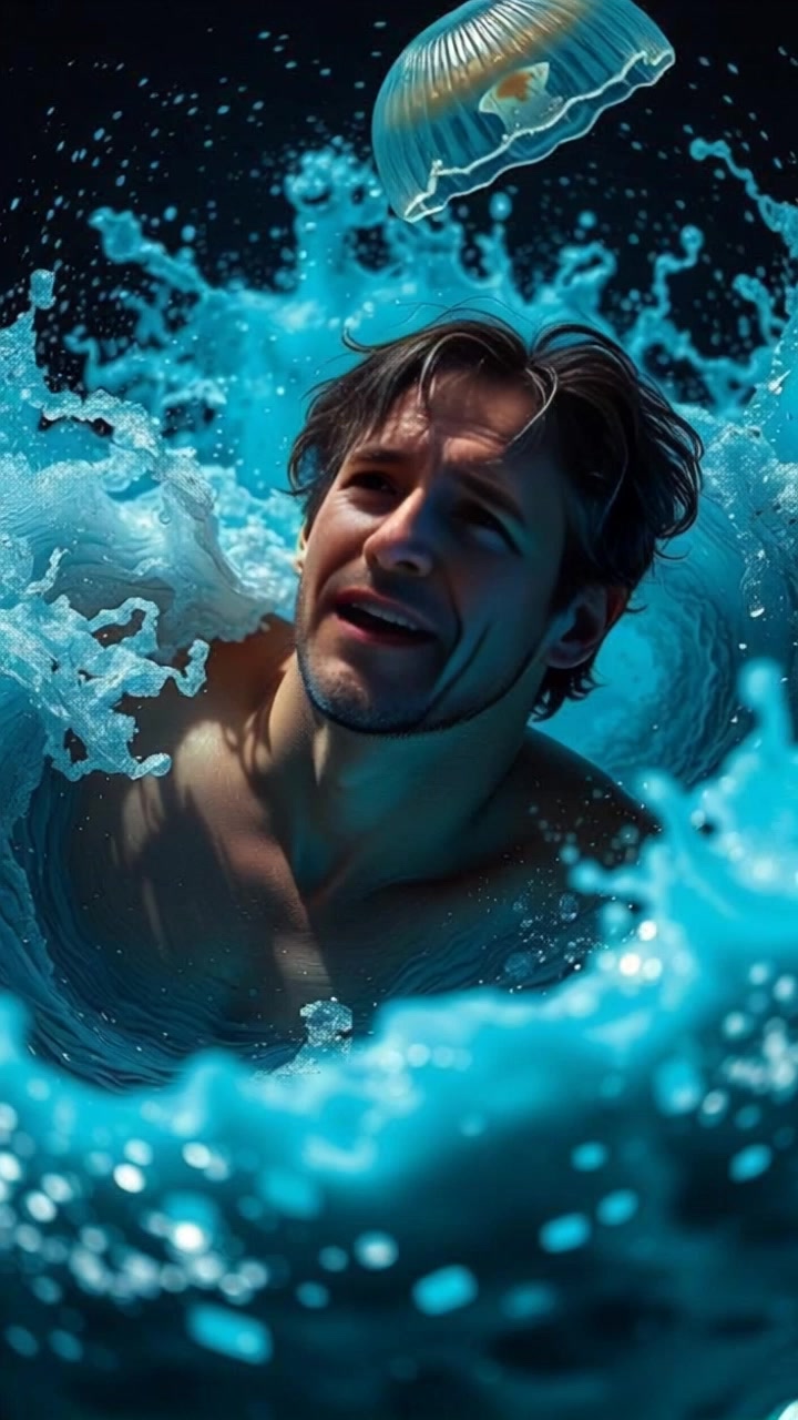 Subject: Mark breaking the surface of the ocean, gasping for air. Subject movement: Mark struggles upward as waves crash around him, water splashing violently. Scene: Turbulent ocean waves under a cloudy sky, with hints of sunlight breaking through. Style: Cool, dramatic lighting with dark greens and blues highlighting the turbulent water. Motion: The camera begins with a close-up of Mark's face as he gasps, then quickly pushes out to capture the chaos of the crashing waves around him, emphasizing the sense of struggle and urgency.