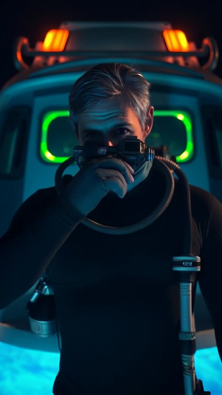 Subject: A determined diver in scuba gear, poised in front of a diving boat. Subject movement: The diver adjusts their mask, taking a deep breath as they prepare to dive into the water. Scene: A vibrant marine environment begins to unfold, with the diving boat anchored nearby and clear blue waters surrounding them. Style: Bright, sunlit conditions illuminating the scene with reflections dancing on the water surface. Motion: The camera pulls back smoothly to reveal the diver's full stance next to the boat, capturing the anticipation of the dive against the serene backdrop of the ocean.
