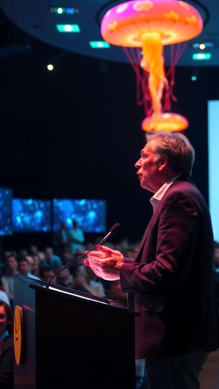Subject: Mark speaking animatedly at a podium. Subject movement: Mark gestures passionately as he engages the audience. Scene: A conference hall filled with attentive audience members, surrounded by large screens displaying visuals. Style: Bright, focused lighting highlighting Mark while the audience is subtly illuminated in soft light. Motion: The camera slowly pushes in on Mark, capturing his expressive movements as he speaks, then cuts to the audience reacting enthusiastically to his presentation.
