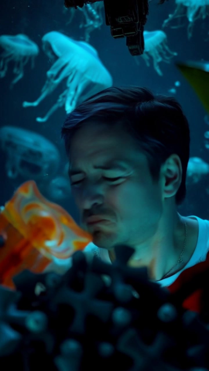 Subject: A person looking distressed, trapped among debris underwater. Subject movement: The person struggles, attempting to push away the surrounding objects, bubbles escaping from their mouth in urgency. Scene: Submerged in murky water, surrounded by scattered wreckage and soft beams of fading light filtering down from above. Style: Dim lighting, creating a claustrophobic and tense atmosphere as shadows dance ominously. Motion: The camera performs a dramatic panning shot around the subject, capturing their frantic movements and the encroaching darkness of the deep water.