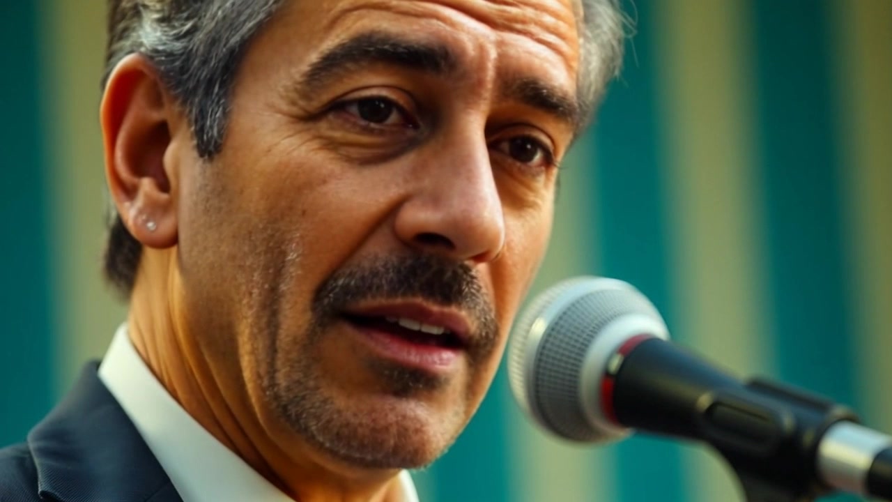 Subject: Omar confidently speaking into a microphone. Subject movement: Omar gestures expressively as he talks, his hands moving to emphasize his points. Scene: A well-lit conference room filled with an attentive audience. Style: Bright, focused lighting casting a spotlight on Omar while the audience remains slightly blurred in the background. Motion: The camera slowly pushes in from a mid-shot to a close-up, capturing Omar's passionate expression, before panning to the audience reacting with interest.