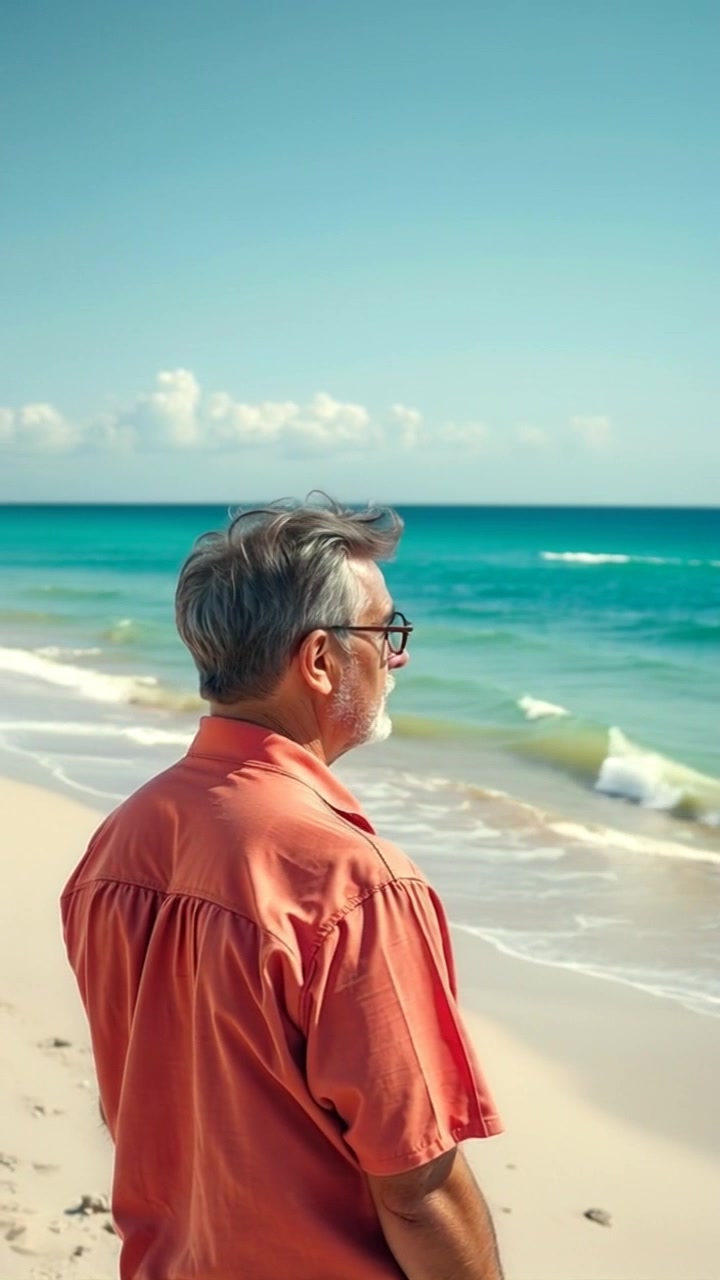 Subject: A person standing on a secluded beach. Subject movement: The individual gazes intently at the calm ocean waves, occasionally shifting their weight and glancing around. Scene: A serene beach setting with gentle waves lapping at the shore and soft sand underfoot. Style: Warm, late afternoon light casting a golden hue over the scene, enhancing the tranquil atmosphere. Motion: The camera starts with a close-up of the person's face, then pulls back slowly to reveal the expansive beach and ocean, capturing the peaceful solitude of the moment.