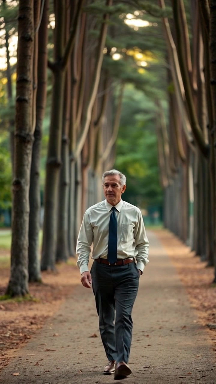 Subject: Omar walking alone. Subject movement: He strolls peacefully along a tranquil forest path, surrounded by tall trees, taking in the serene surroundings. Scene: A lush forest with vibrant greens and dappled sunlight filtering through the tree canopy. Style: Soft, ambient morning light creating a calm and inviting atmosphere. Motion: The camera follows Omar from a slight distance, gliding smoothly alongside him, highlighting the natural beauty of the path and the interplay of light and shadow.