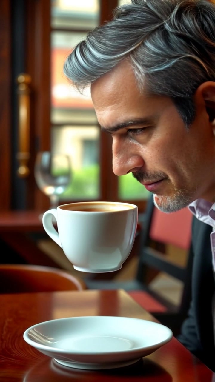 Subject: A man named Omar sitting pensively at a wooden table. Subject movement: Omar gently lifts the cup of coffee, taking a thoughtful sip. Scene: Close-up shot of Omar in a cozy café, surrounded by warm wooden décor and soft lighting. Style: Soft, ambient lighting creating an inviting atmosphere. Motion: The camera slowly pushes in, capturing the nuances of his expression as he contemplates.