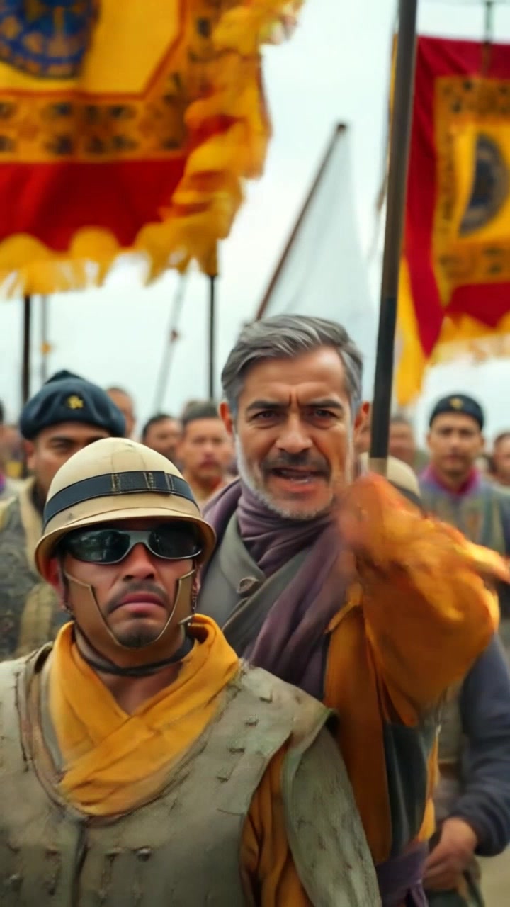 Subject: A determined leader rallying his troops into battle. Subject movement: Omar charges forward with fervor, gesturing passionately to inspire his men. Scene: A tumultuous battlefield filled with soldiers, banners flying, and dust swirling in the air. Style: Dramatic lighting casting strong shadows, enhancing the tension of the scene. Motion: The camera follows Omar in a dynamic tracking shot, capturing the intensity of the moment as he leads the charge, with the sound of clashing swords and rallying cries echoing in the background.