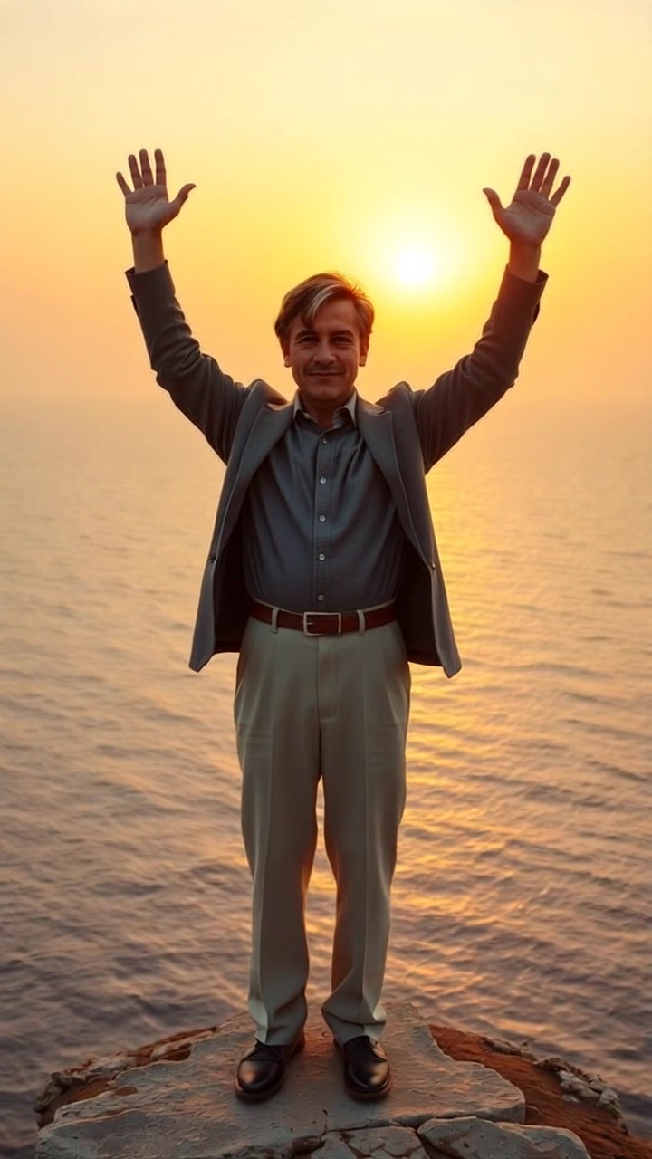Subject: A figure standing on a rocky cliff. Subject movement: The individual stands confidently with arms raised towards the sky. Scene: A rocky cliff overlooking a vast ocean at sunset, with vibrant hues painted across the sky and waves crashing against the rocks. Style: Warm, sunset lighting that envelops the scene in a golden glow. Motion: Camera slowly pushes in on the figure as the sun dips lower, capturing the dynamic contrast between the stillness of the pose and the motion of the ocean below.