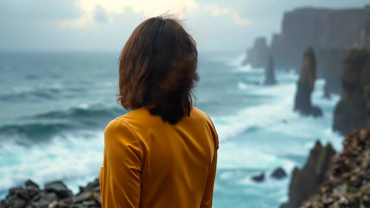 Subject: Asha standing on a rocky cliff. Subject movement: Asha turns to gaze out toward the vast, stormy sea while the wind blows her hair. Scene: A dramatic cliffside overlooking a turbulent ocean with waves crashing against the rocks below. Style: Overcast lighting with dynamic contrasts highlighting the dark clouds and foamy sea. Motion: The camera performs a dramatic panning shot from Asha's profile towards the churning waves, capturing the intensity of the stormy atmosphere.