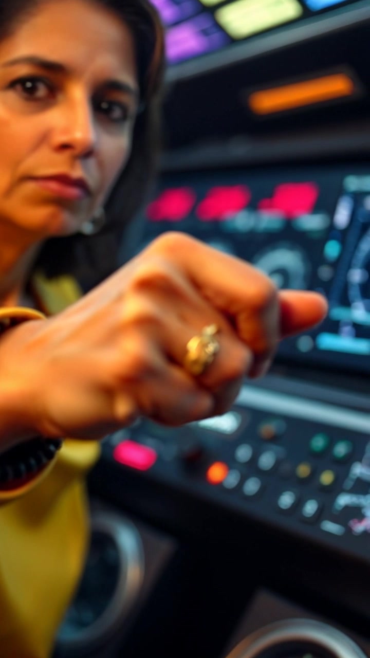 Subject: Asha's hands gripping the control panel tightly, showing determination. Scene: Inside a high-tech cockpit, with various screens and controls illuminated by soft, blue ambient light. Motion: The camera performs a dramatic close-up, slowly pushing in to emphasize the intensity in Asha's grip and resolve, as the cockpit environment subtly shifts into focus around her hands.