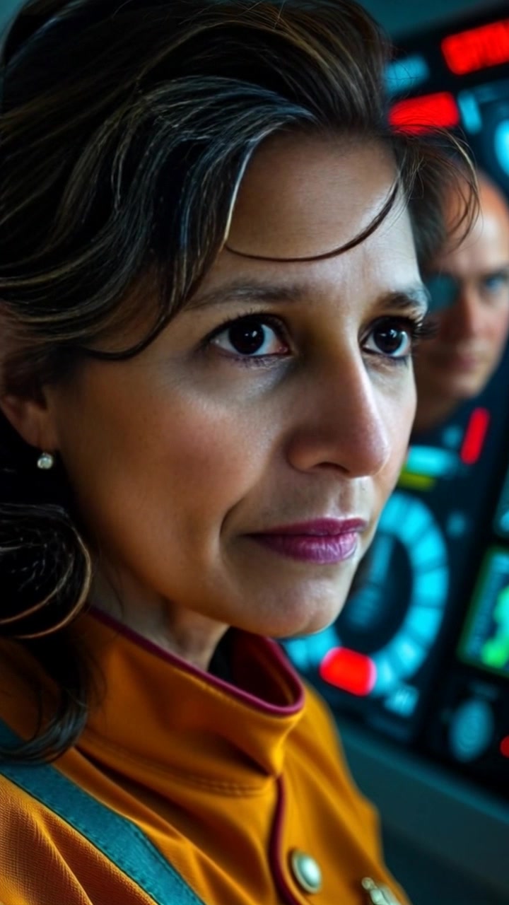 Subject: Captain Asha, deeply focused. Subject movement: Her expression shifts subtly as she intently examines tactical screens, a hint of determination in her eyes. Scene: A high-tech command center filled with holographic displays and strategic maps. Style: Cold, ambient lighting highlighting the screens' blue glow against the darker backdrop. Motion: Camera pushes in slowly on Captain Asha's face, capturing the intensity of her expression as the tactical screens flicker dynamically in the foreground.