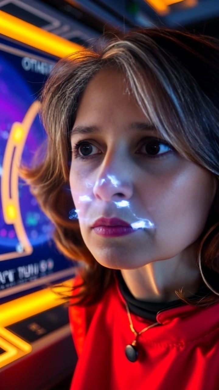 Subject: Asha, intensely focused as she stares at a glowing holographic display in front of her. Scene: A futuristic control room filled with soft ambient lighting, high-tech equipment, and digital projections illuminating the surroundings. Motion: The camera slowly pushes in on Asha's determined expression, capturing the shimmering holographic interface as it shifts, reflecting her thoughts and calculations, enhancing the atmosphere of tension and anticipation.