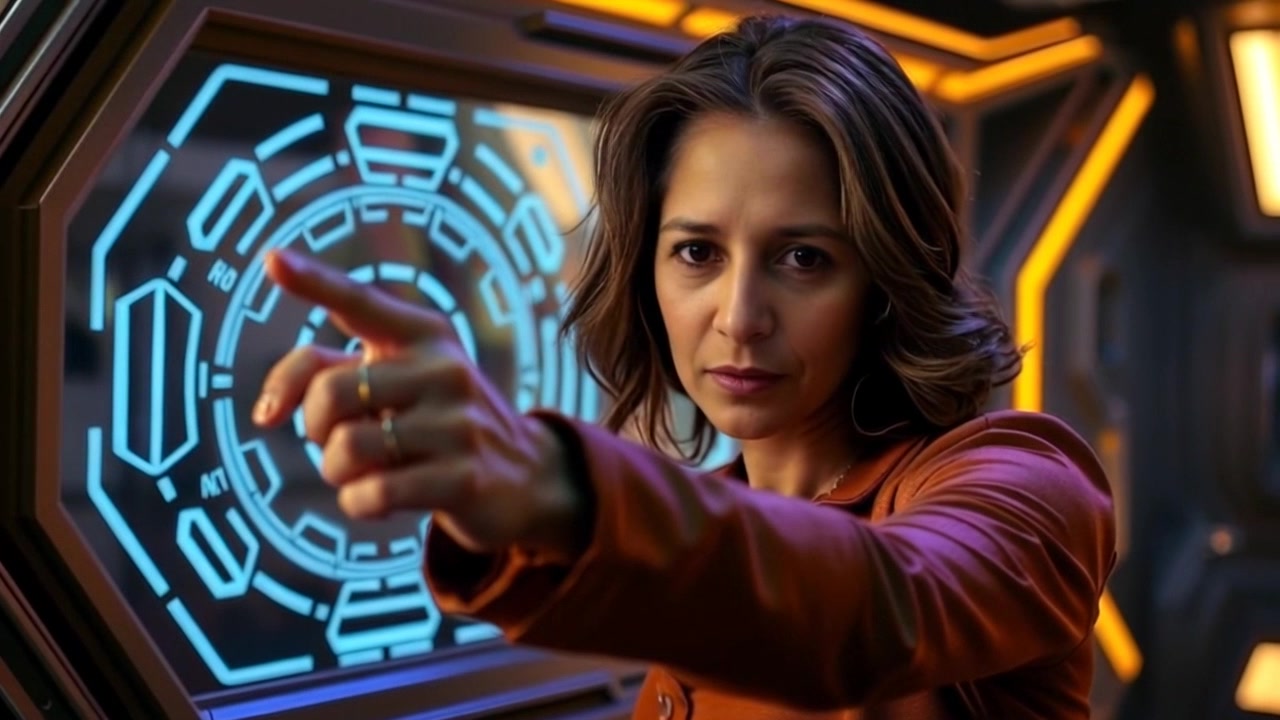 Subject: Asha pointing decisively at a holographic display. Subject movement: Asha gestures strongly, her finger moving to emphasize the target on the display. Scene: A high-tech control room filled with glowing screens and futuristic equipment. Style: Cool, neon lighting casts a sleek and energetic vibe. Motion: The camera zooms in quickly on Asha's hand as it moves towards the holographic display, capturing the intensity of the moment.