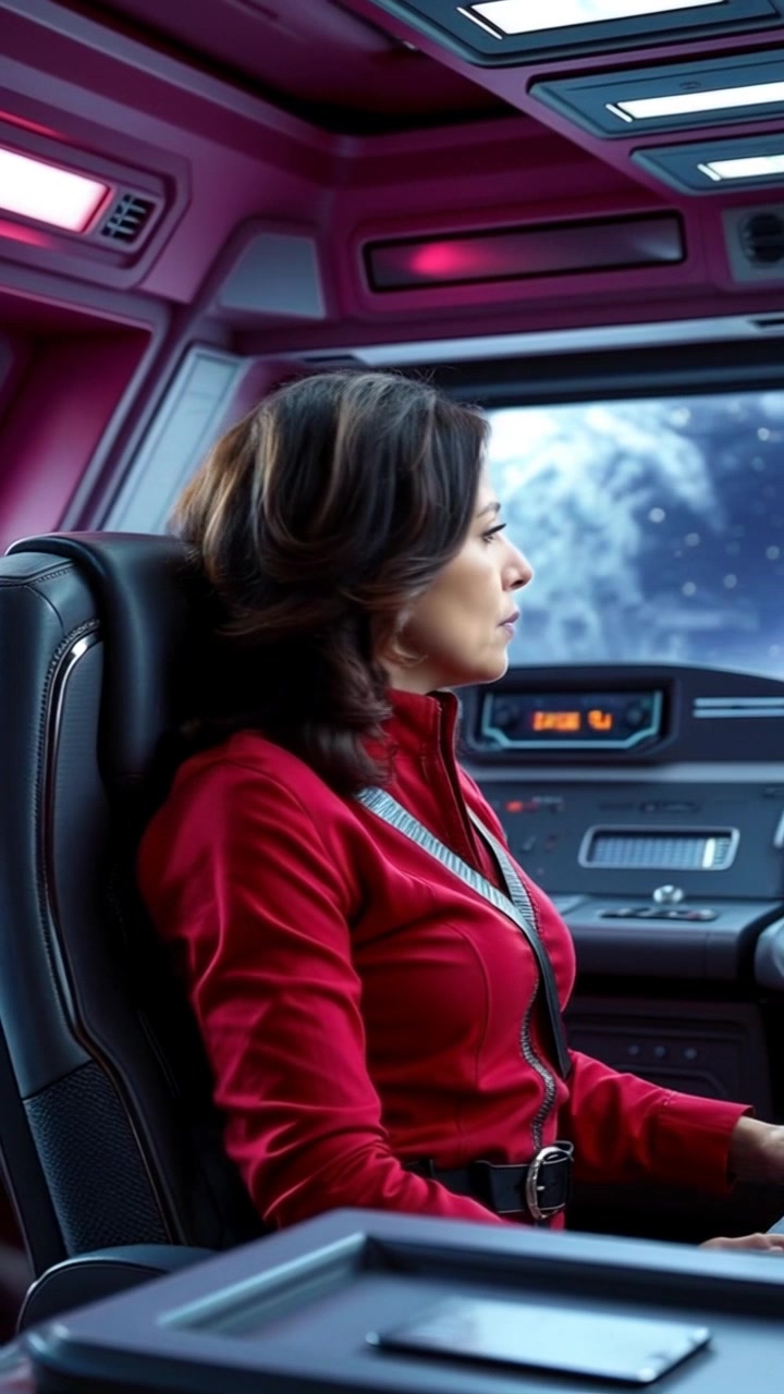 Subject: Asha in a command chair aboard a sleek starship. Subject movement: Asha turns slightly in her seat, her expression reflecting determination as she gazes out at the vastness of space. Scene: Inside the starship's command center, illuminated by a soft blue glow from control panels, with distant stars twinkling through the expansive viewport. Style: Ambient lighting enhancing the futuristic atmosphere, creating a sense of adventure and exploration. Motion: The camera glides smoothly around Asha, capturing her focused demeanor and the mesmerizing view of space, as it slowly pushes in, creating an intimate yet heroic perspective.