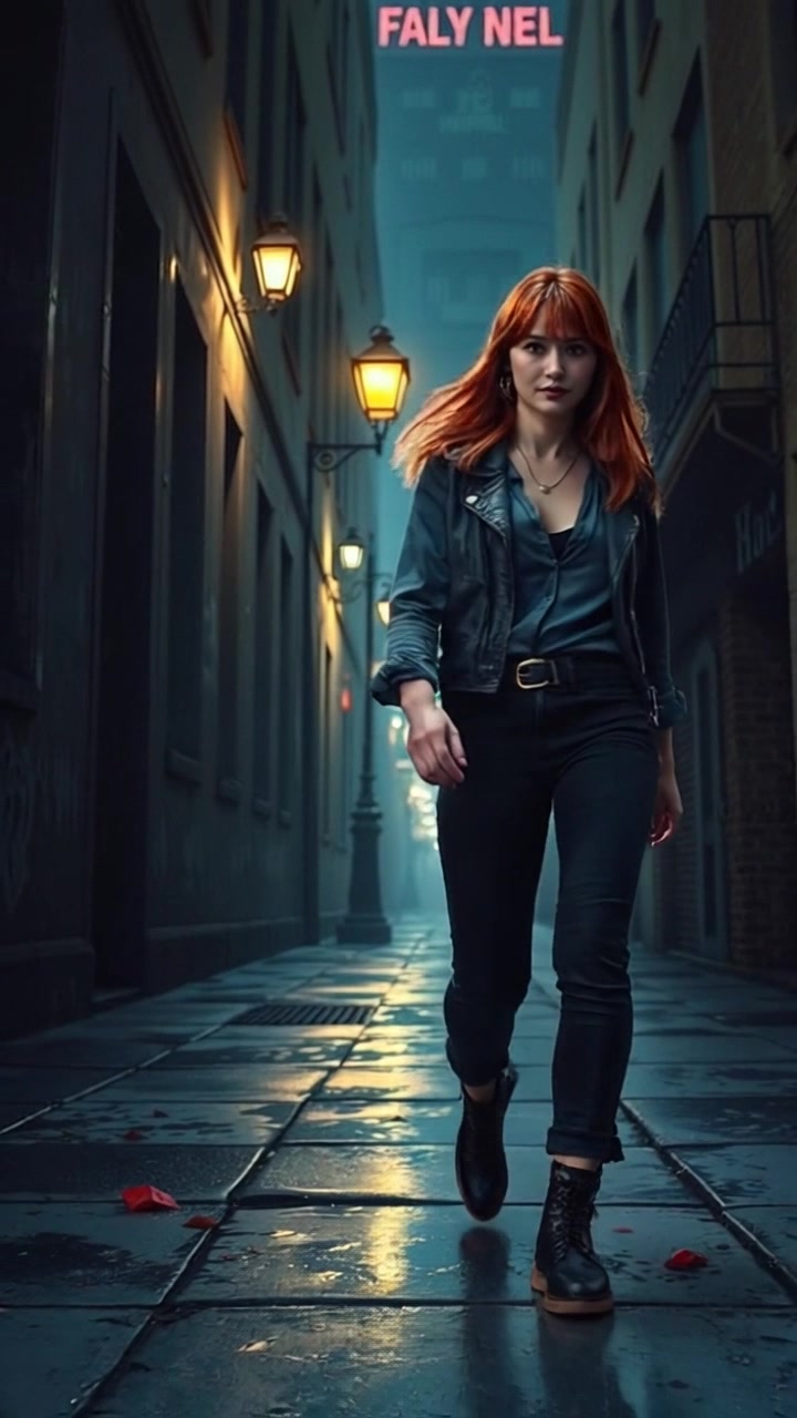 Subject: A woman walking quickly with a tense expression. Subject movement: She strides purposefully down a brightly lit alley, her hair flowing slightly with each hurried step. Scene: Brightly lit urban alleyway, surrounded by tall buildings and scattered graffiti. Style: Morning light illuminating the scene, creating dramatic shadows. Motion: Camera follows her in a dynamic tracking shot, weaving slightly as it captures her determined pace and the urgent atmosphere of the alley.