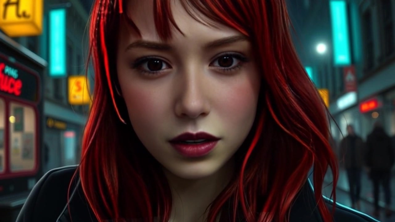 Subject: A young woman with red hair, displaying tired eyes and a heavy expression. Subject movement: She slowly blinks and exhales deeply, conveying a sense of weariness. Scene: Close-up of her thoughtful face against a softly blurred background of muted colors, suggesting an intimate moment of reflection. Lighting: Soft ambient light highlights her features, enhancing the poignant mood. Motion: The camera gently pushes in on her face, capturing the subtle emotions flickering across her expression.
