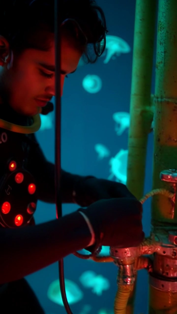 Subject: A diver in scuba gear, meticulously working on an underwater oil rig. Subject movement: The diver moves gracefully through the water, adjusting valves and equipment with focused precision. Scene: Underwater oil rig surrounded by vibrant marine life and a blue, shimmering ocean backdrop. Style: Soft ambient lighting filtering through the water, creating an ethereal glow around the diver. Motion: Camera gently glides alongside the diver, capturing a dynamic perspective of the rig and the underwater environment.