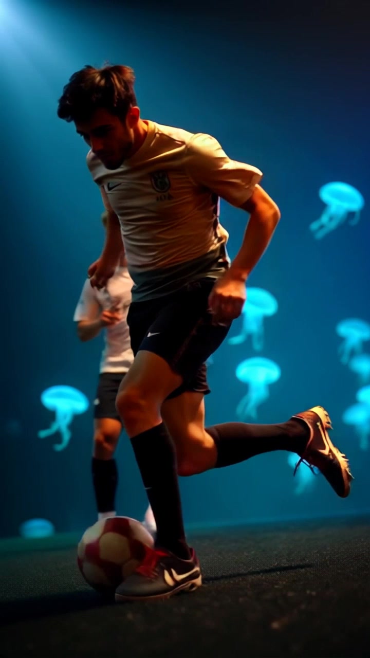 Subject: Mateo skillfully dribbling a soccer ball during an intense match. Subject movement: He maneuvers swiftly past defenders, his footwork precise and dynamic. Scene: A vibrant soccer field under the floodlights, with a cheering crowd in the background. Style: Nighttime lighting with bright, focused beams illuminating the players. Motion: Camera follows Mateo in a dramatic tracking shot, weaving through players as he advances towards the goal, showcasing the excitement of the match.
