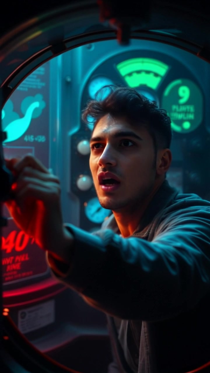 Subject: Mateo exhibiting a panicked expression, gripping the control panel tightly inside the diving bell. Subject movement: Mateo shifts nervously, glancing frantically at the knobs and dials, the tension evident in his body language. Scene: Confined space of a diving bell, surrounded by subtle metal surfaces and ambient control lights casting a cool, dim glow. Style: Low-key lighting reflecting an underwater ambiance, enhancing the sense of urgency and claustrophobia. Motion: Handheld camera creates a jittery close-up shot, tracking Mateo’s troubled face and frantic movements within the cockpit, simulating a sense of impending crisis.