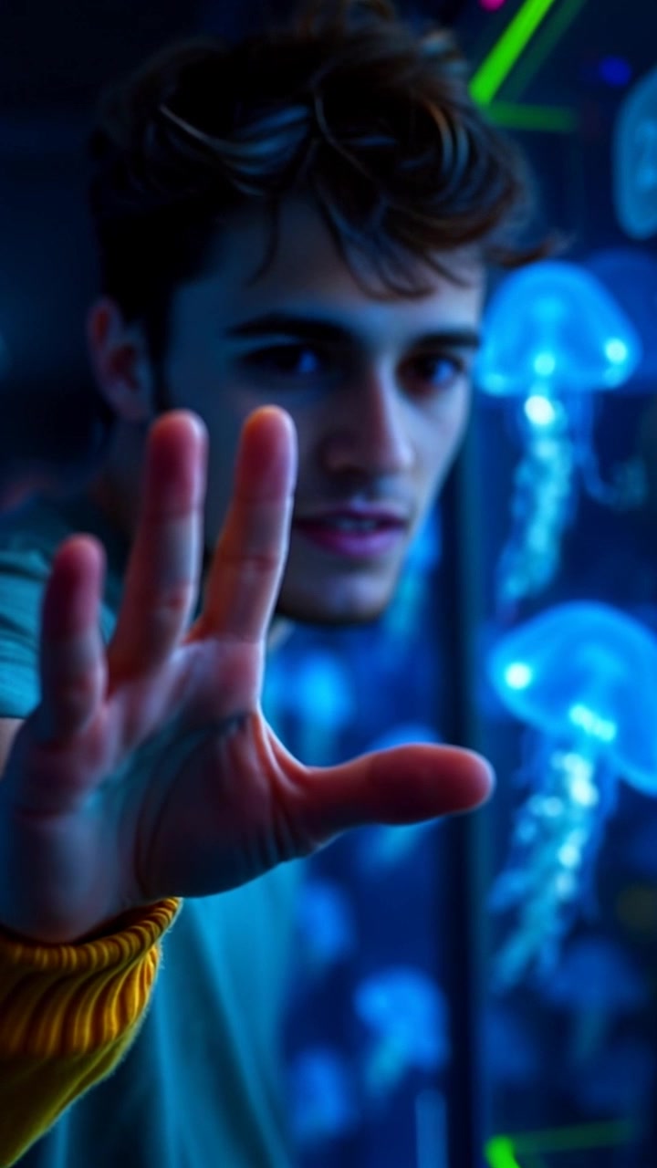 Subject: A hand reaching towards a communication device. Subject movement: The hand extends slowly, fingers slightly curling as it approaches the device. Scene: A close-up view of the hand in a dimly lit room, with the communication device glowing softly in the foreground. Style: The lighting is moody and intimate, creating a sense of anticipation. Motion: The camera tracks in smoothly, focusing on the hand's movement towards the device, capturing the delicate details as the fingers approach.