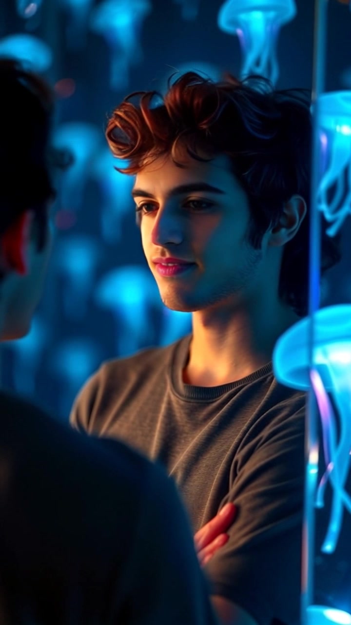 Subject: A young man standing in front of a mirror. Subject movement: He shifts his weight slightly, glancing at his reflection with a proud smile. Scene: Brightly lit bathroom with modern fixtures, showcasing a polished mirror and stylish decor. Style: Soft morning light streaming through a window, creating an inviting atmosphere. Motion: Camera uses a slow dolly-in shot, focusing on his expression as he admires his reflection, capturing the subtle nuances of his pride.