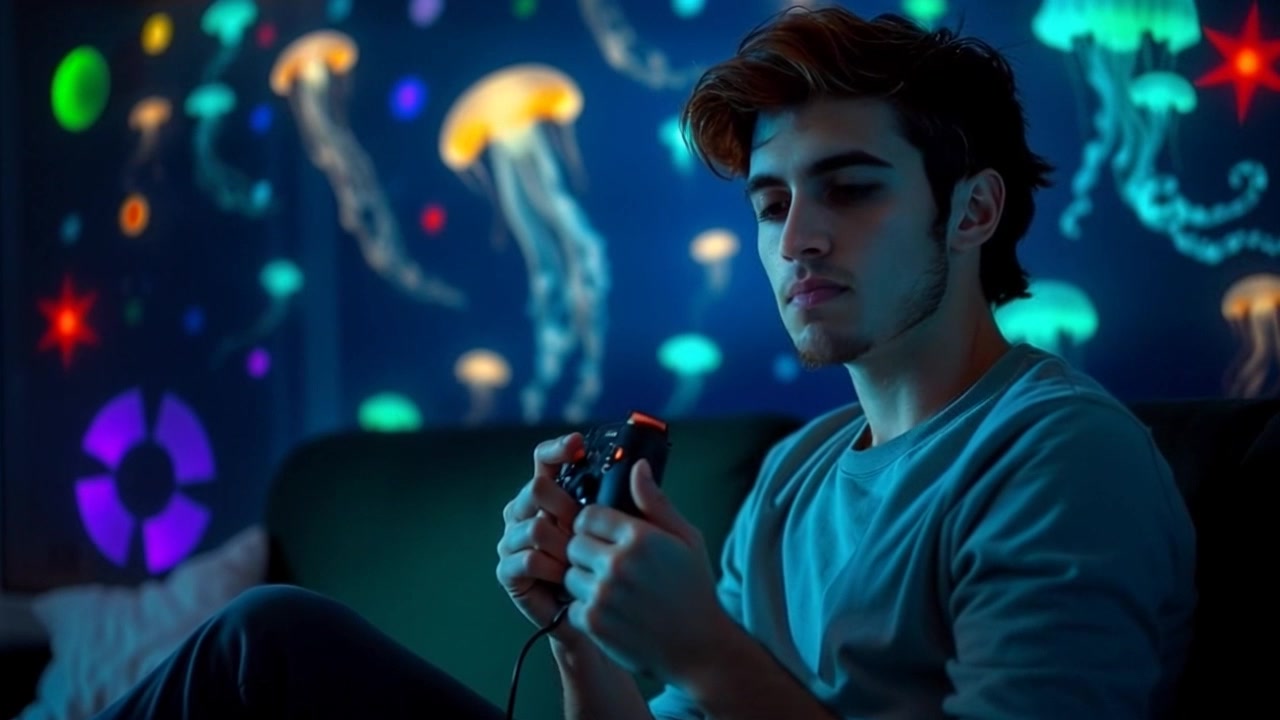 Subject: A young person seated on a plush couch, gripping a game controller with intense focus. Subject movement: The individual leans slightly forward, intensely engaged in gameplay, eyes fixed on the screen. Scene: Cozy living room adorned with soft lighting, a large screen displaying vibrant game graphics in the background. Style: Warm, inviting lighting creates a relaxed atmosphere. Motion: The camera slowly pushes in from a wide angle, capturing the gamer's concentration and the animated action on the screen, enhancing the immersive feel of the gaming experience.