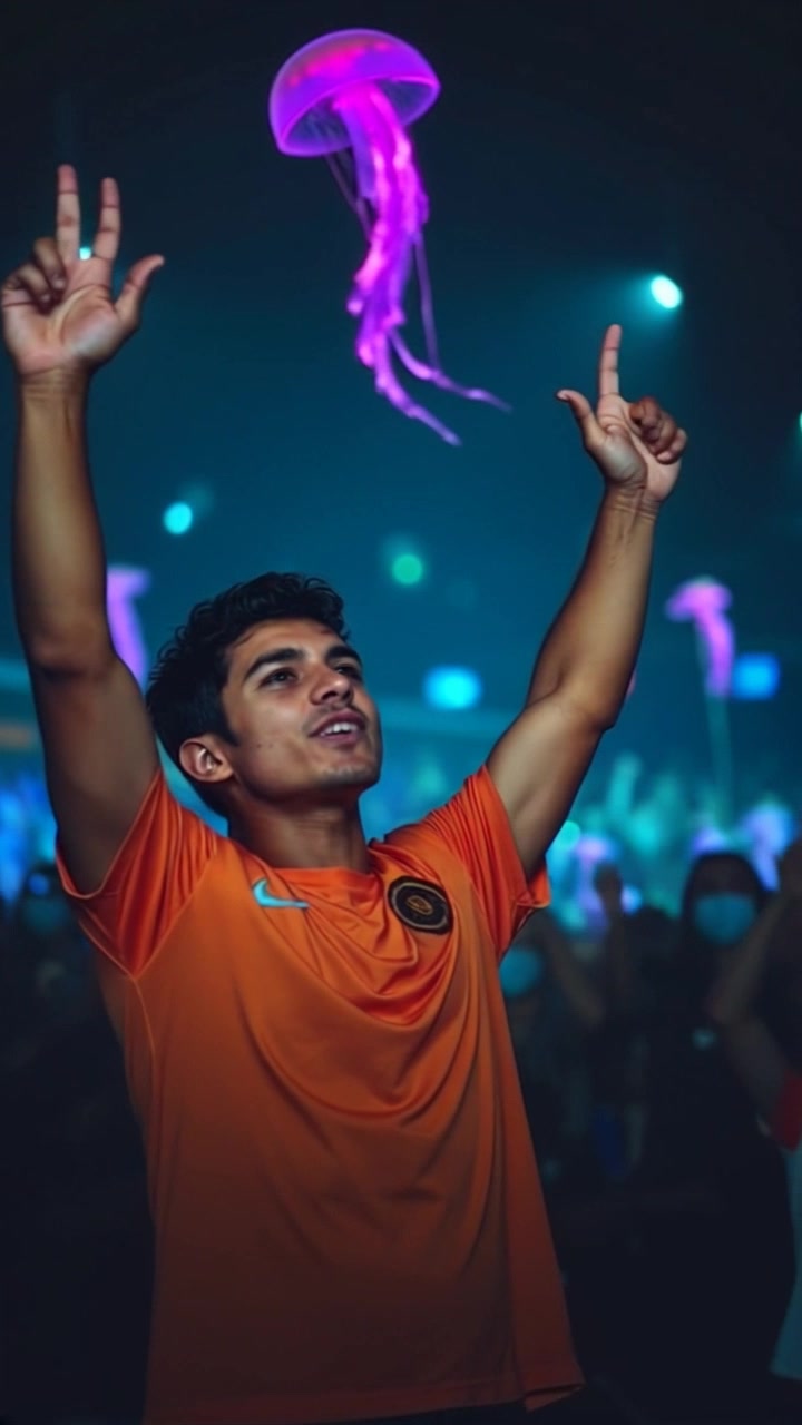 Subject: Mateo celebrating a victory, raising his arms triumphantly. Subject movement: He exults joyfully in front of an enthusiastic crowd, with expressions of jubilation surrounding him. Scene: A vibrant outdoor arena filled with cheering fans, colorful banners waving in the breeze. Style: Bright afternoon light enhances the festive atmosphere, casting warmth and energy across the scene. Motion: The camera does a dynamic push-in, capturing Mateo's ecstatic expression and the roaring crowd, followed by a smooth panoramic sweep across the audience, showcasing their excitement.