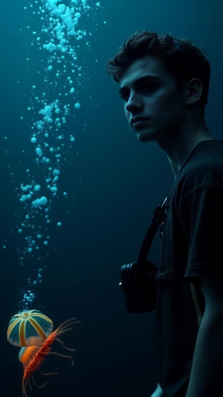 Scene: A dark underwater environment with bubbles slowly rising towards the surface, accompanied by the faint outline of diver gear drifting softly. Style: Dim, mysterious lighting capturing the shadows and soft glimmers of light filtering through the water. Motion: The camera gently pans upward to follow the ascending bubbles, revealing the silhouette of the diver gear as it moves slightly with the current.