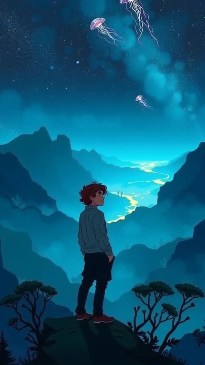 Subject: Mateo standing resolutely on a rugged mountain cliff. Subject movement: He gazes confidently out over the expansive valley below, his posture embodying determination. Scene: A breathtaking mountain cliff overlooking a vast, picturesque valley under a clear blue sky. Style: Bright morning light illuminating the scene, enhancing the vibrant colors of the landscape. Motion: The camera begins with a wide-angle shot, gradually dolly-zooming in on Mateo as he stands tall, capturing the majestic backdrop and the awe-inspiring sense of scale.