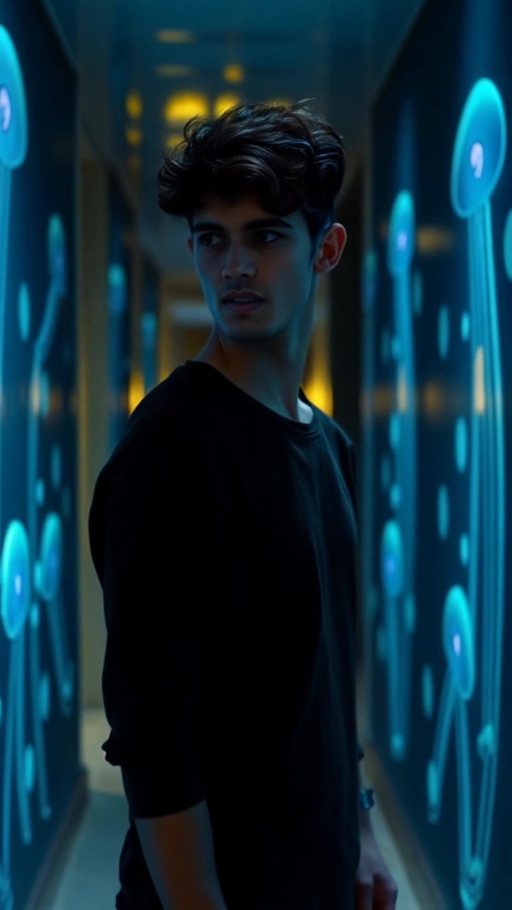 Subject: A person standing alone in a hallway. Subject movement: The subject shifts uneasily from foot to foot, a worried expression on their face. Scene: A dimly lit hallway with muted colors, creating a tense atmosphere. Lighting: Soft, overhead lighting casting long shadows, enhancing the feeling of uncertainty. Motion: Camera performs a subtle dolly in towards the subject, accentuating their conflicted emotions as the hallway stretches out behind them.