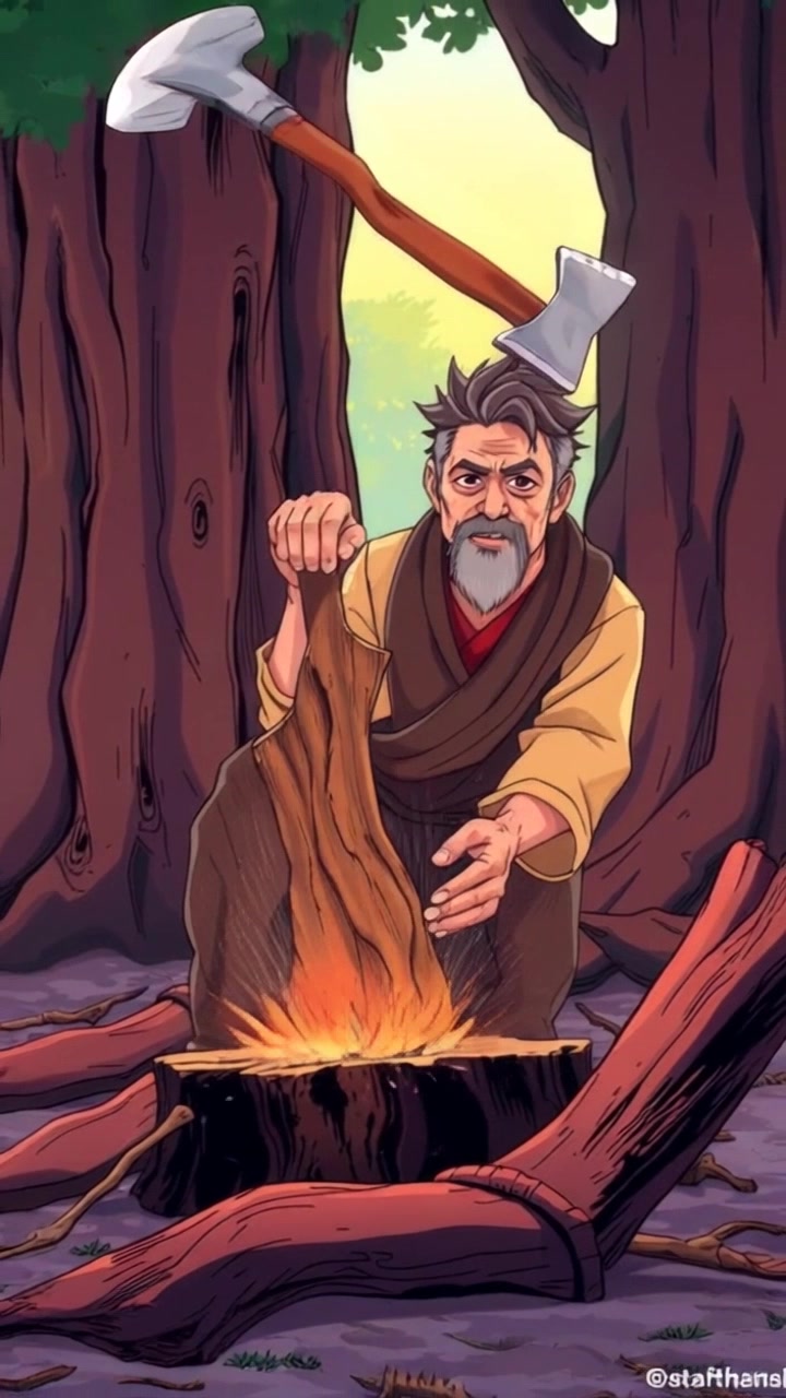 Subject: A person chopping a tree trunk with an axe, surrounded by scattered fallen branches. Subject movement: The person swings the axe down with force, creating a dynamic motion as wood chips fly outwards. Scene: An outdoor forest setting with tall trees in the background and a carpet of leaves and branches on the ground. Lighting: Bright, natural sunlight filtering through the canopy, casting dappled shadows on the forest floor. Motion: Camera starts with a close-up of the axe striking the trunk, then pulls back to reveal the broader scene, capturing the action and surrounding environment.