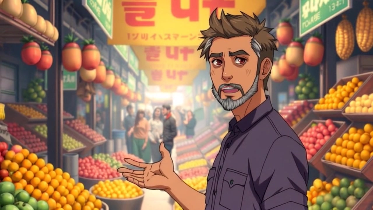 Subject: Raj standing amidst the vibrant energy of a busy marketplace, where colorful fruit stalls brim with lively produce. Subject movement: Raj gestures with a hand towards a stall, as if inviting someone to try the fruits. Scene: A bustling marketplace filled with vibrant colors and chatter, surrounded by lively vendors and shoppers. Style: Bright, afternoon light casts a warm glow on the activity, enhancing the colors of the fruits and the textures of the marketplace. Motion: The camera performs a smooth dolly in, focusing on Raj's enthusiastic expression and the vivid array of fruits, capturing the atmosphere of a lively market.