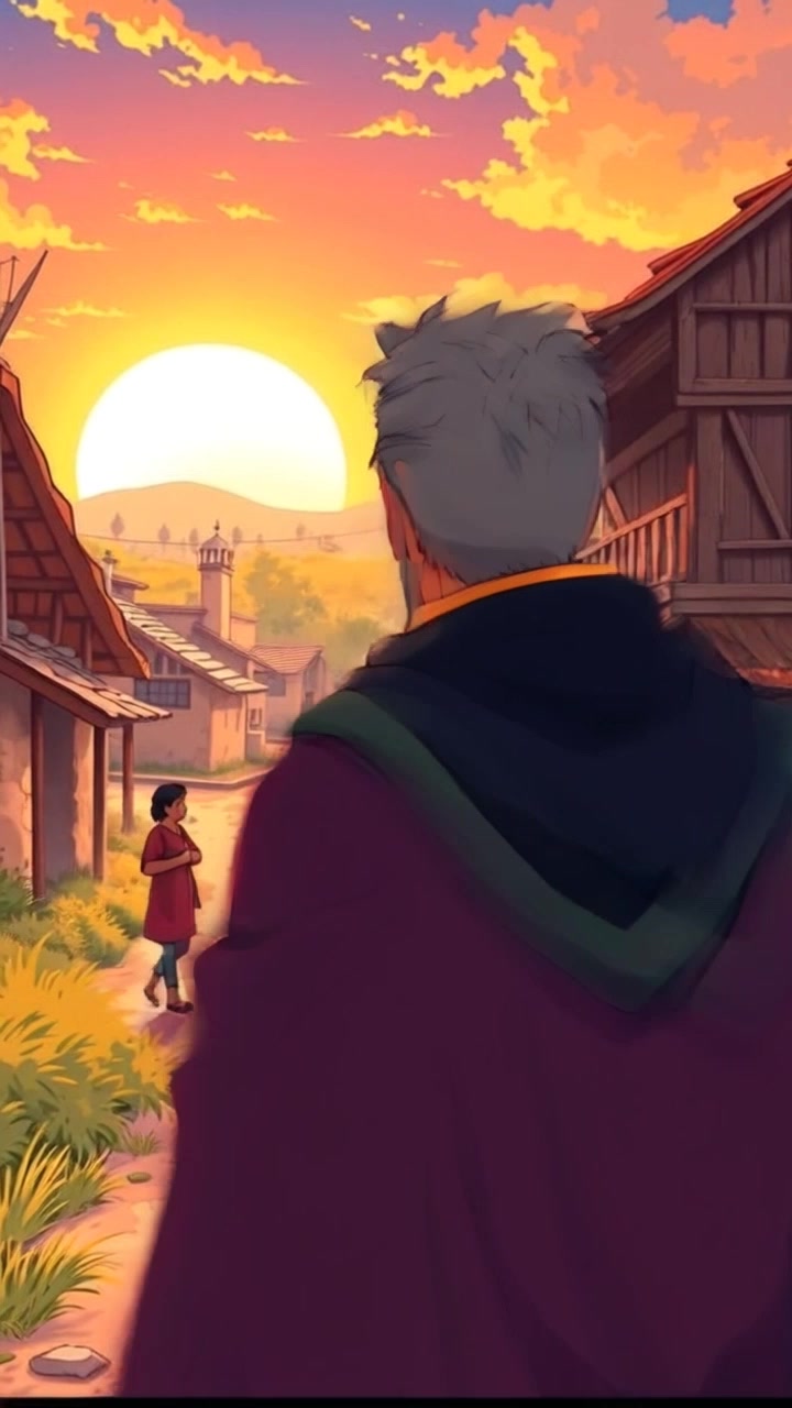Subject: Raj walking away from the village. Subject movement: He strides confidently with a sense of fulfillment, the warm glow of the setting sun casting long shadows behind him. Scene: A quaint village fading into the background, with the sun setting on the horizon. Style: Soft golden-hour lighting creates a tranquil atmosphere. Motion: The camera slowly pans out to capture Raj's journey, framing the peaceful village scenery as he distantly recedes into the sunset.