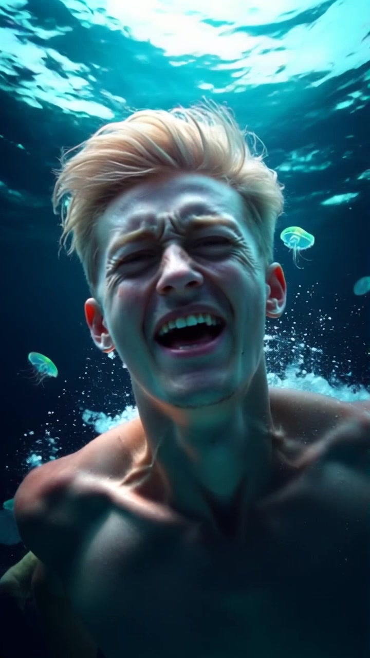 Subject: A person surfacing from the ocean, gasping for air. Subject movement: The individual is emerging energetically, droplets of water cascading off their body as they break the surface. Scene: An expansive ocean with sunlight glimmering on the water, the horizon stretching out in the background. Lighting: Bright sunlight creates sparkling reflections on the waves, enhancing the sense of vitality. Motion: Camera tracks in smoothly from a distance, capturing the moment of surfacing with an uplifting upward tilt, showcasing the vast ocean backdrop.