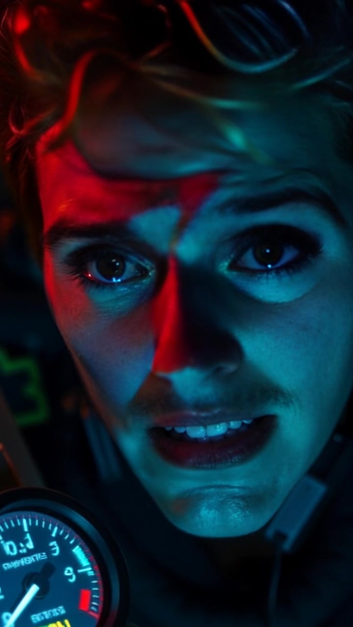 Subject: A close-up of a person's anxious face, eyes wide with fear as they monitor the dangerously low oxygen gauge. Scene: The interior of a small, dimly lit diving pod, with equipment and gauges visible around them. Lighting: Ambient, flickering light casting deep shadows across their face, enhancing the tension. Motion: The camera gradually pushes in for an intimate view of the subject's expression, capturing their rising panic and contrasting with the ominous glow of the gauge.