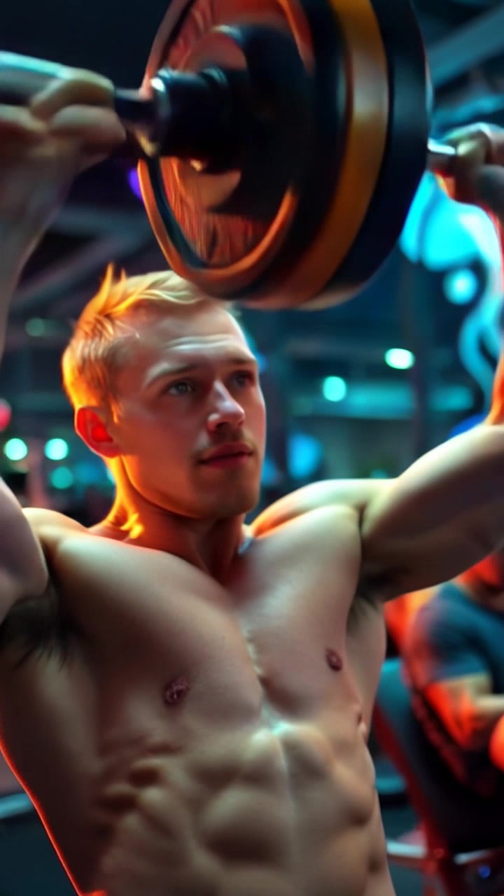 Subject: A determined individual lifting weights in a gym. Subject movement: The individual powerfully raises a heavy barbell overhead, muscles straining with effort. Scene: Inside a modern gym filled with workout equipment, focused energy surrounds them. Lighting: Bright, overhead gym lights enhance the contours of their physique, creating a vibrant atmosphere. Motion: The camera smoothly glides in for a close-up on the lifter's focused expression, then pulls back to capture the dynamic environment of the gym.