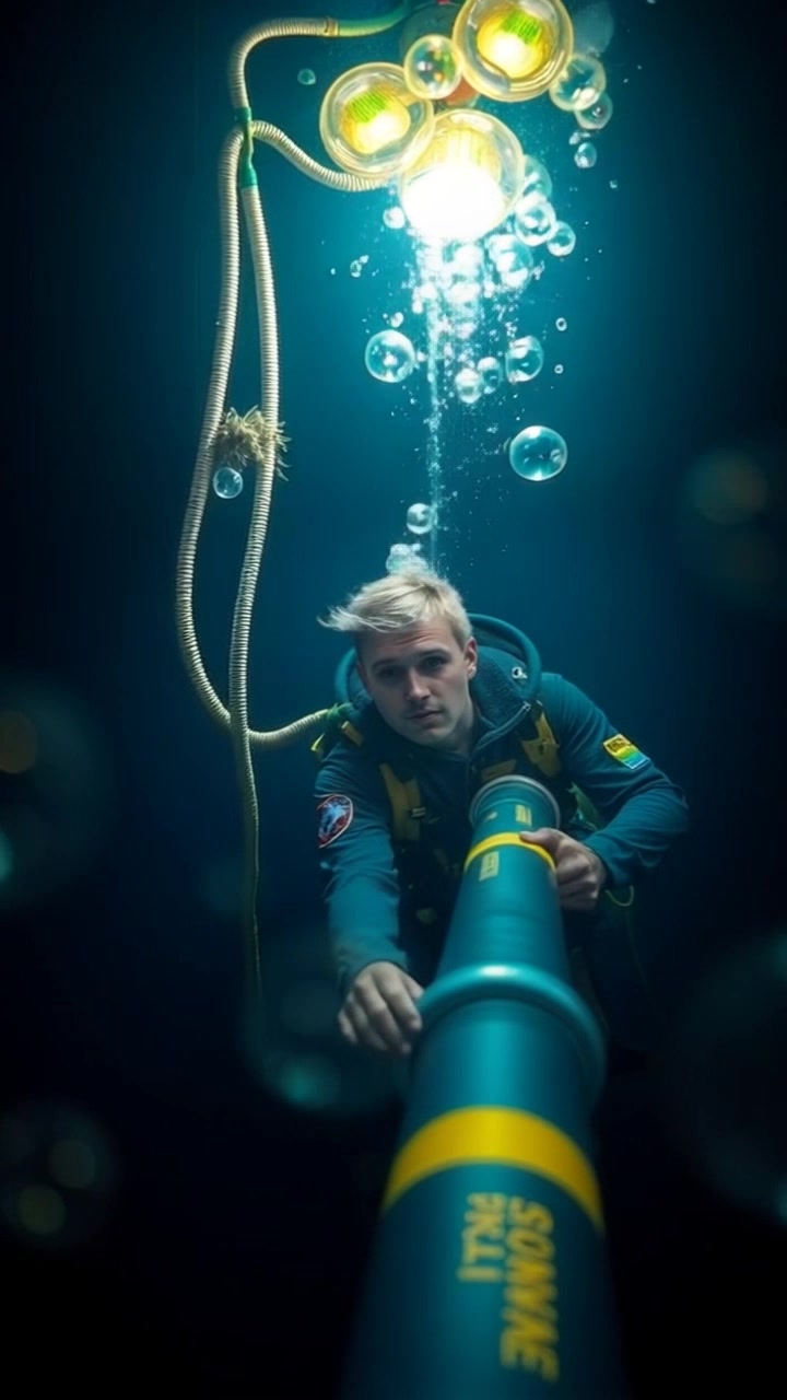 Subject: A diver working on an underwater pipeline. Subject movement: The diver moves methodically, adjusting components while surrounded by clouds of bubbles. Scene: An expansive underwater environment featuring a complex pipeline, illuminated by soft, diffused light filtering through the water's surface. Motion: The camera executes a smooth, handheld tracking shot, gliding alongside the diver while capturing the intricate details of the pipeline and the surrounding marine scenery. Lighting: Ambient underwater light creates a serene atmosphere, with dappled reflections enhancing the scene's depth.